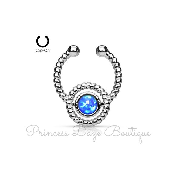 Roped Circle With Blue Opal Non-Piercing Septum Hanger - Picture 1 of 1